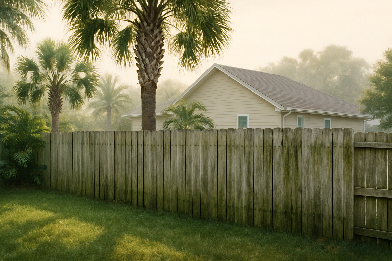 A realistic coastal Florida backyard in Freeport during late August, with a weathered wooden privacy fence showing green mildew and dark mold streaks, damp grass, palm trees, humid hazy morning light, and a nearby home in the background