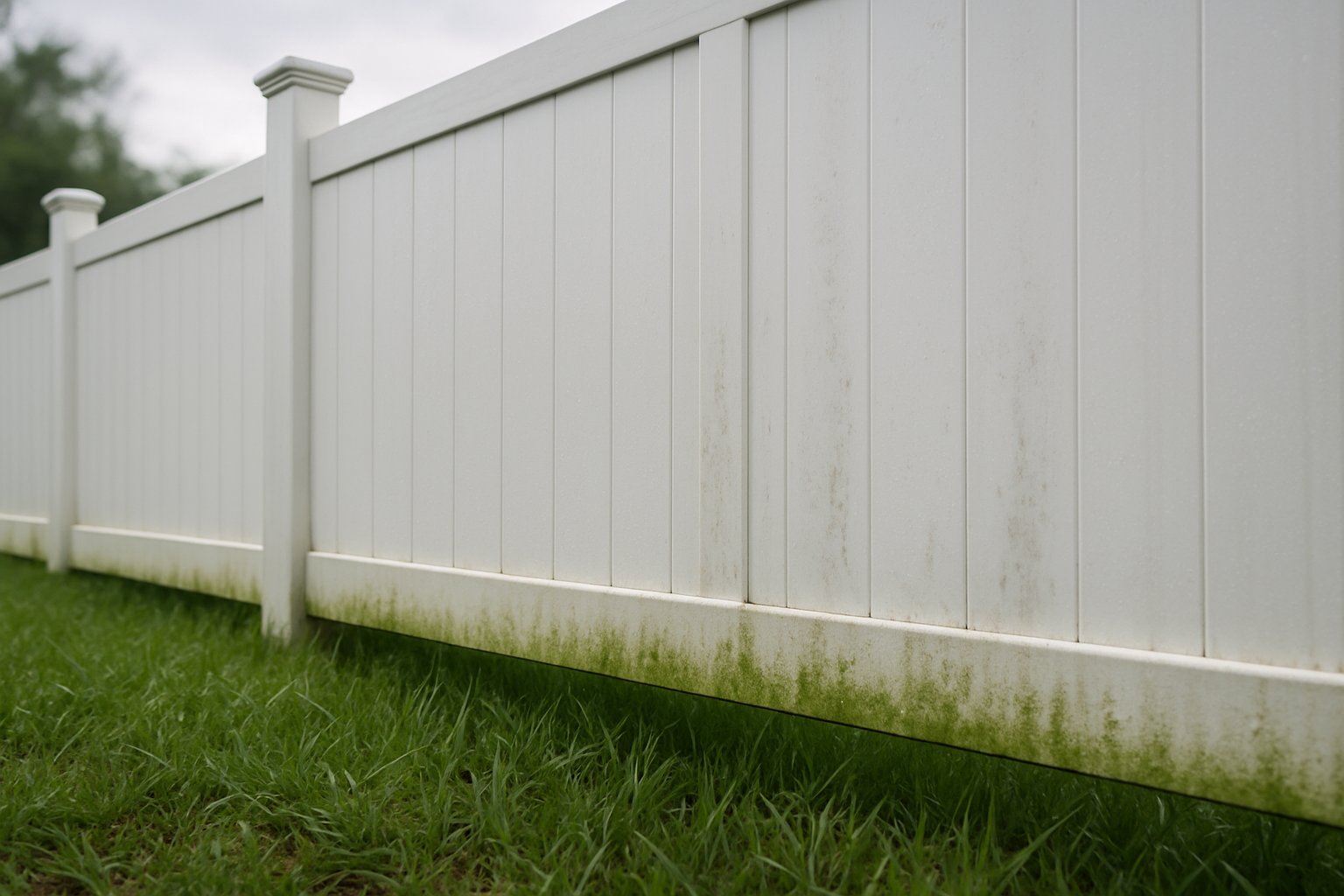 A close-up detailed photo of a white vinyl fence in a humid Freeport Florida yard, showing green algae along the bottom rail, mildew spots near panel seams, wet grass from a recent August thunderstorm, and soft overcast coastal light