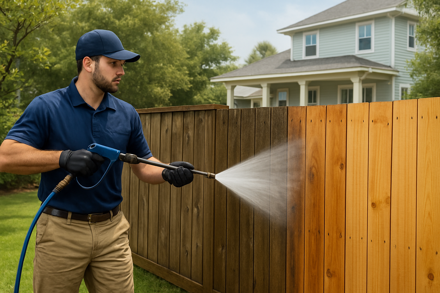 A professional pressure washing technician from a local company cleaning a backyard fence in Freeport Florida, using a controlled soft wash technique, with one side of the fence visibly cleaner than the other, August greenery and a tidy coastal home in the background