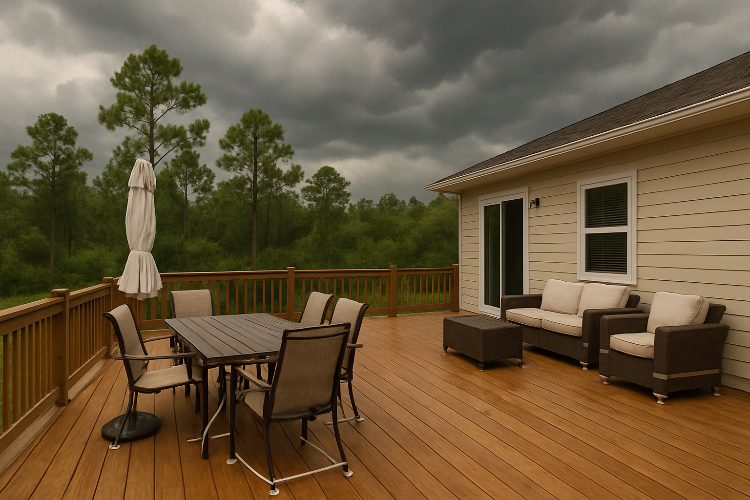 A clean wooden backyard deck in Freeport Florida with patio furniture secured, pine trees in the background, cloudy late-summer storm skies forming overhead, warm humid coastal atmosphere, realistic residential exterior photography