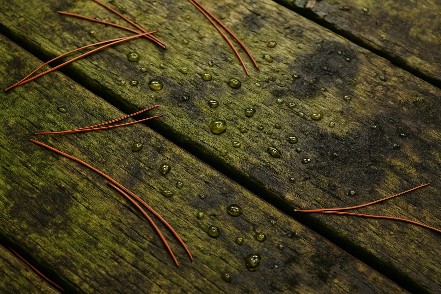 Close-up view of a weathered deck board surface with green algae, pine needles, rain droplets, and dark mildew stains after a humid Florida summer, realistic detailed texture photography