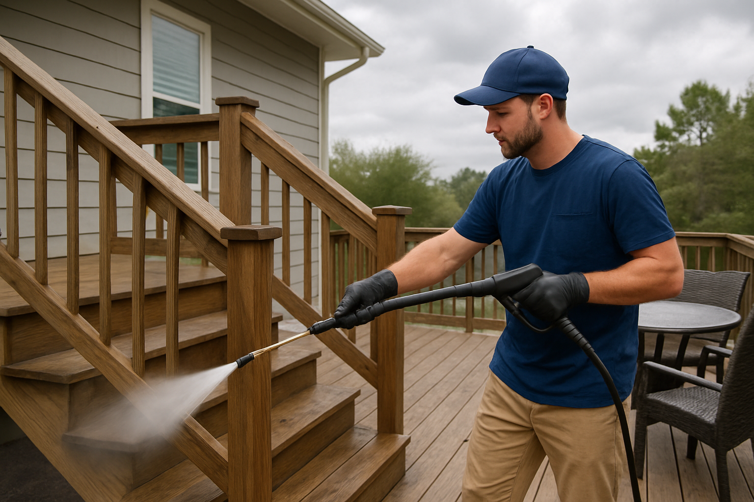 Professional pressure washing technician cleaning deck stairs and railings at a Freeport Florida home, using controlled water spray, clean patio furniture nearby, overcast September sky, realistic service photography