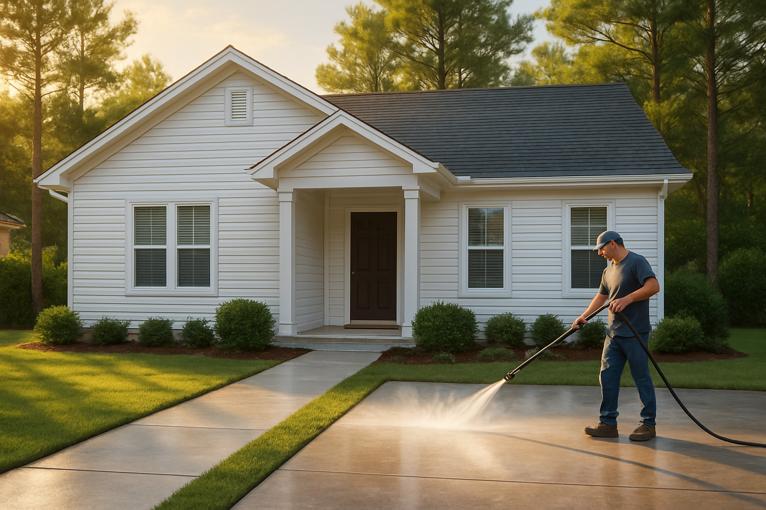 A clean residential driveway and bright white home exterior in Freeport Florida after professional pressure washing, with green pine trees, warm September sunlight, and a freshly washed walkway leading to the front porch
