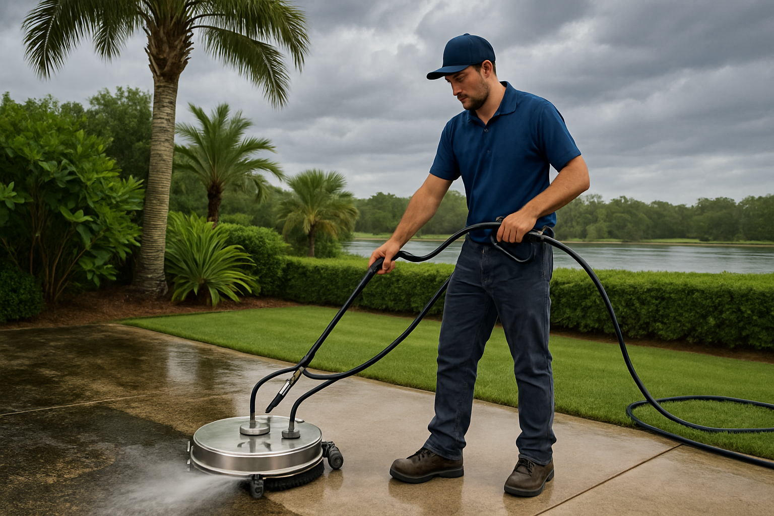 Professional pressure washing technician cleaning a concrete patio in Freeport Florida, removing dark algae and mildew buildup, with water spray visible, tropical landscaping nearby, and overcast September sky after a rainstorm