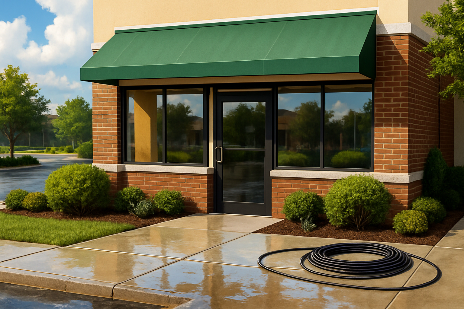 Freeport Florida small business storefront with clean sidewalks and freshly pressure washed entrance, puddles drying after September rain, bright signage, landscaped beds, and a professional pressure washing hose coiled neatly nearby