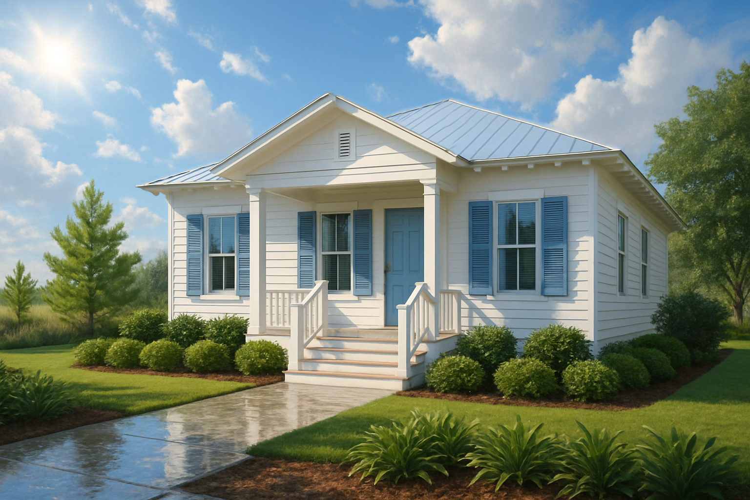 A clean coastal Florida home in Freeport with freshly washed white painted siding, blue shutters, a tidy front porch, and lush green landscaping under a bright September sky after a passing rain shower