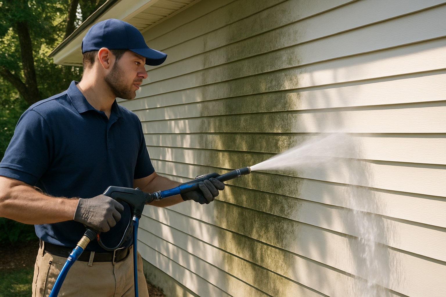 A professional pressure washing technician using a soft wash system on painted siding of a Freeport Florida home, with visible mildew being safely rinsed away from a shaded exterior wall
