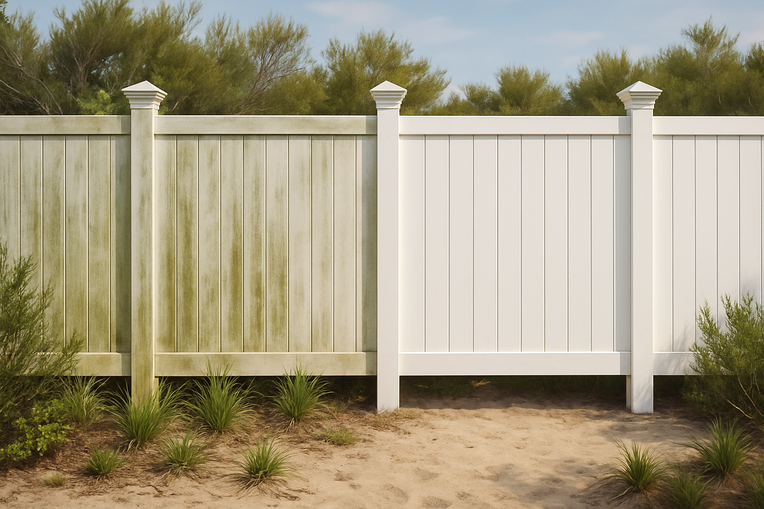 Before-and-after style scene of a painted white fence in Freeport Florida, with one side showing green mildew and weather staining and the other side freshly cleaned and bright, surrounded by sandy soil and coastal greenery