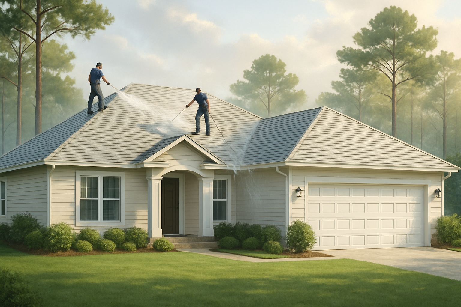 A clean single-story Freeport Florida home with a light-colored shingle roof, surrounded by pine trees and green lawn after a gentle roof wash, with soft morning sunlight and a humid Gulf Coast sky
