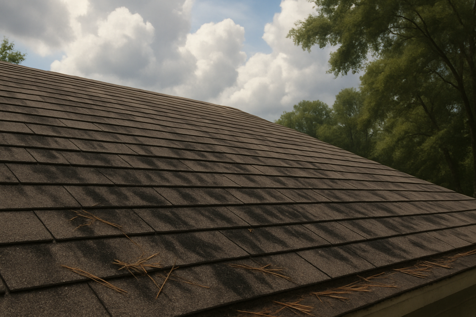Close-up view of a Florida asphalt shingle roof with black algae streaks and pine needles before cleaning, with humid September clouds in the background and trees casting partial shade