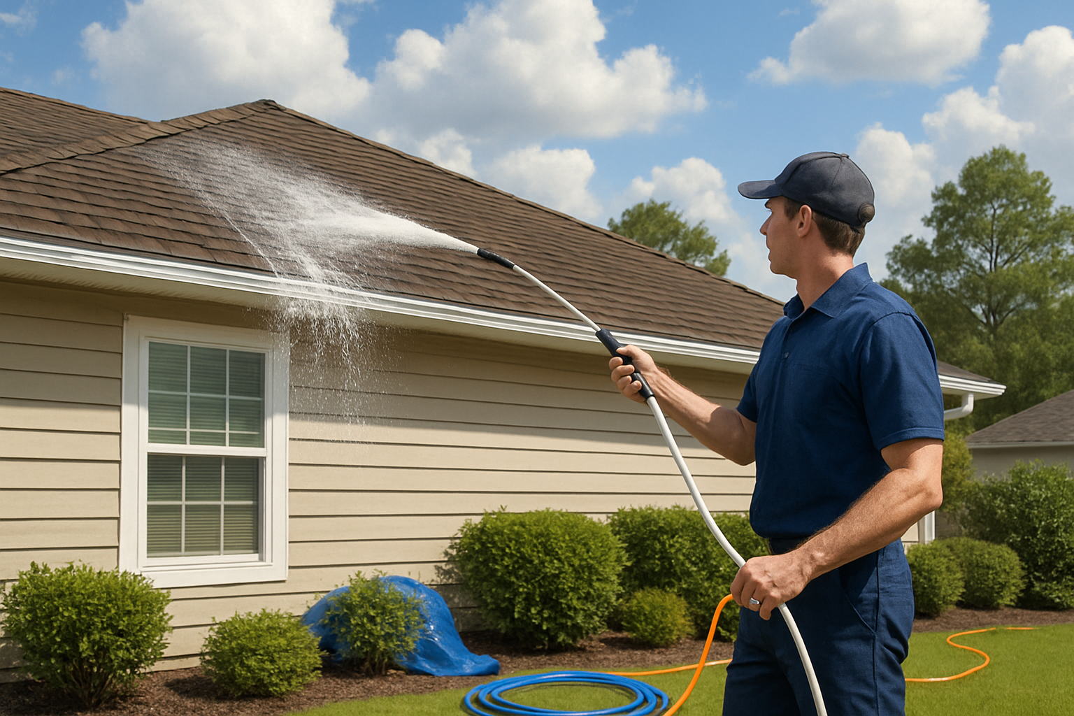 Professional exterior cleaning technician in uniform soft washing a roof on a Freeport Florida home, with hoses neatly arranged, landscaping protected, and a partly cloudy September sky overhead