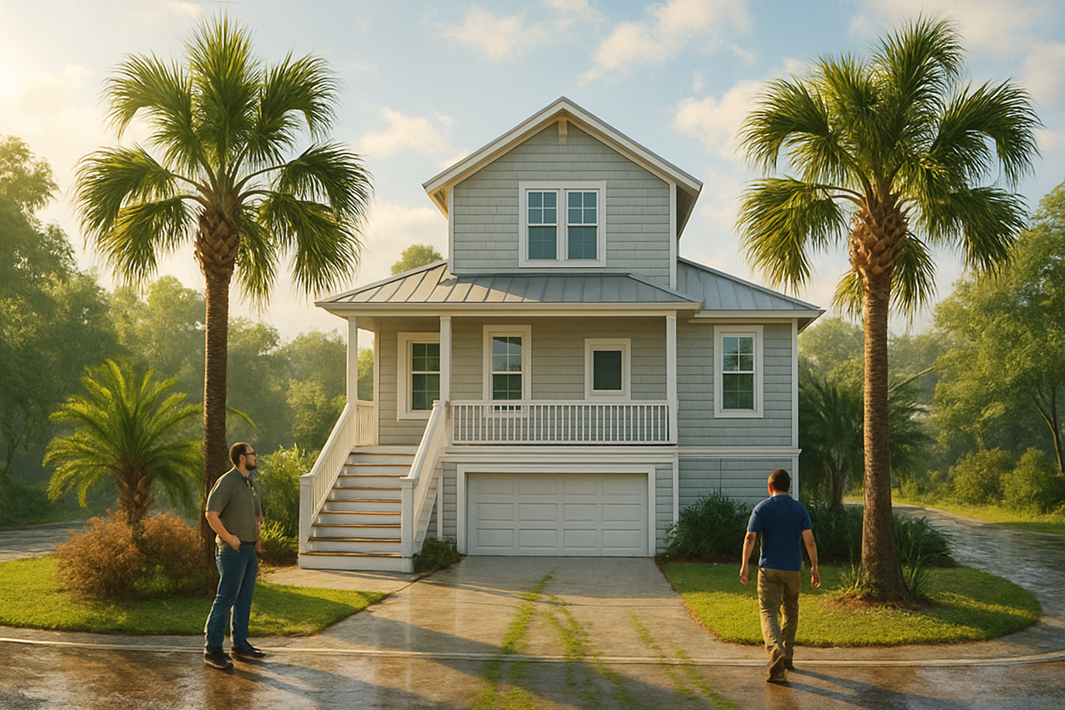 A sunny September morning in Freeport Florida showing a coastal-style home with light-colored siding, a damp driveway with green algae streaks, palm trees, and humid Gulf Coast atmosphere after recent rain