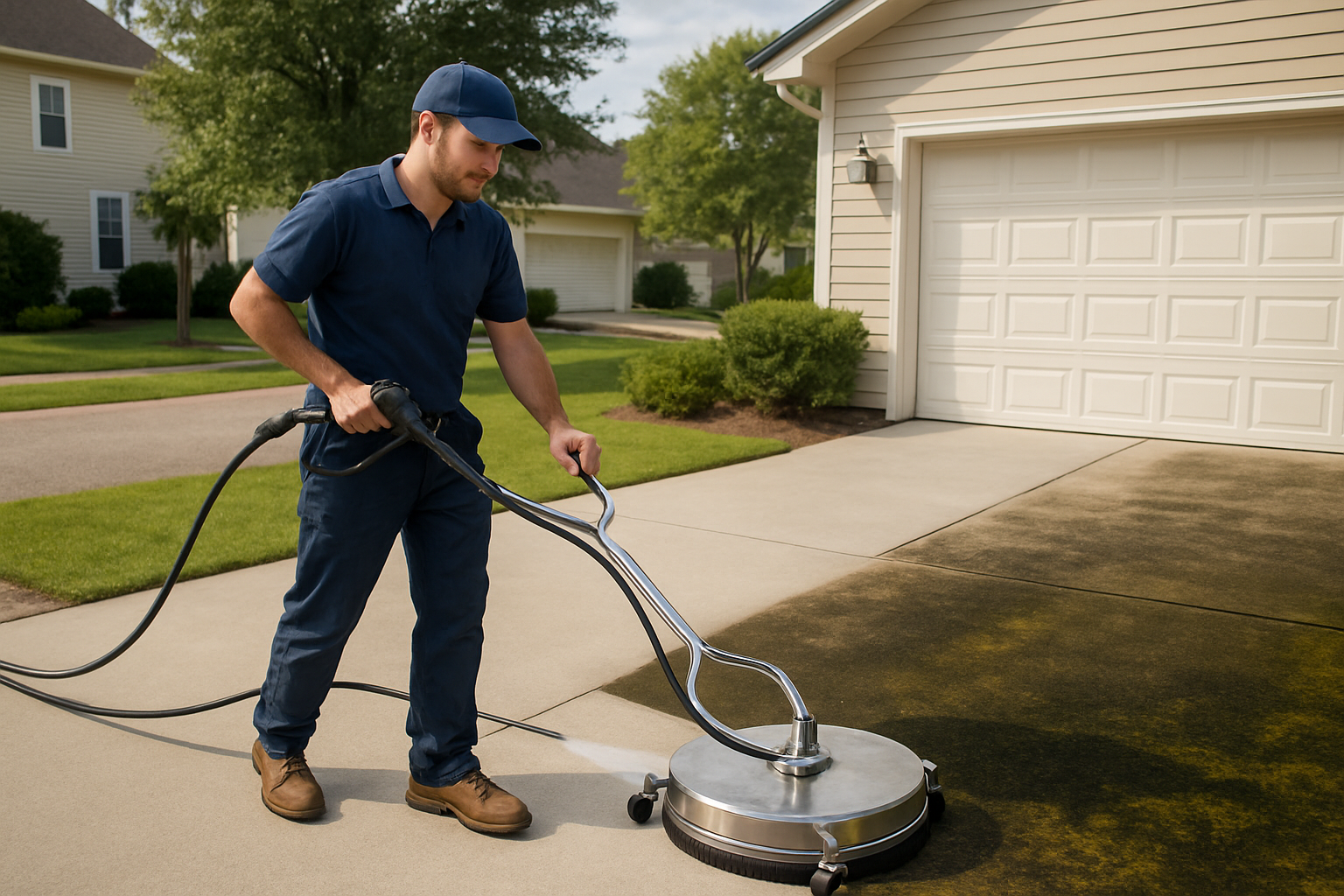 A professional pressure washing technician cleaning a stained concrete driveway in a Freeport Florida neighborhood, with visible contrast between freshly cleaned bright concrete and darker algae-covered concrete