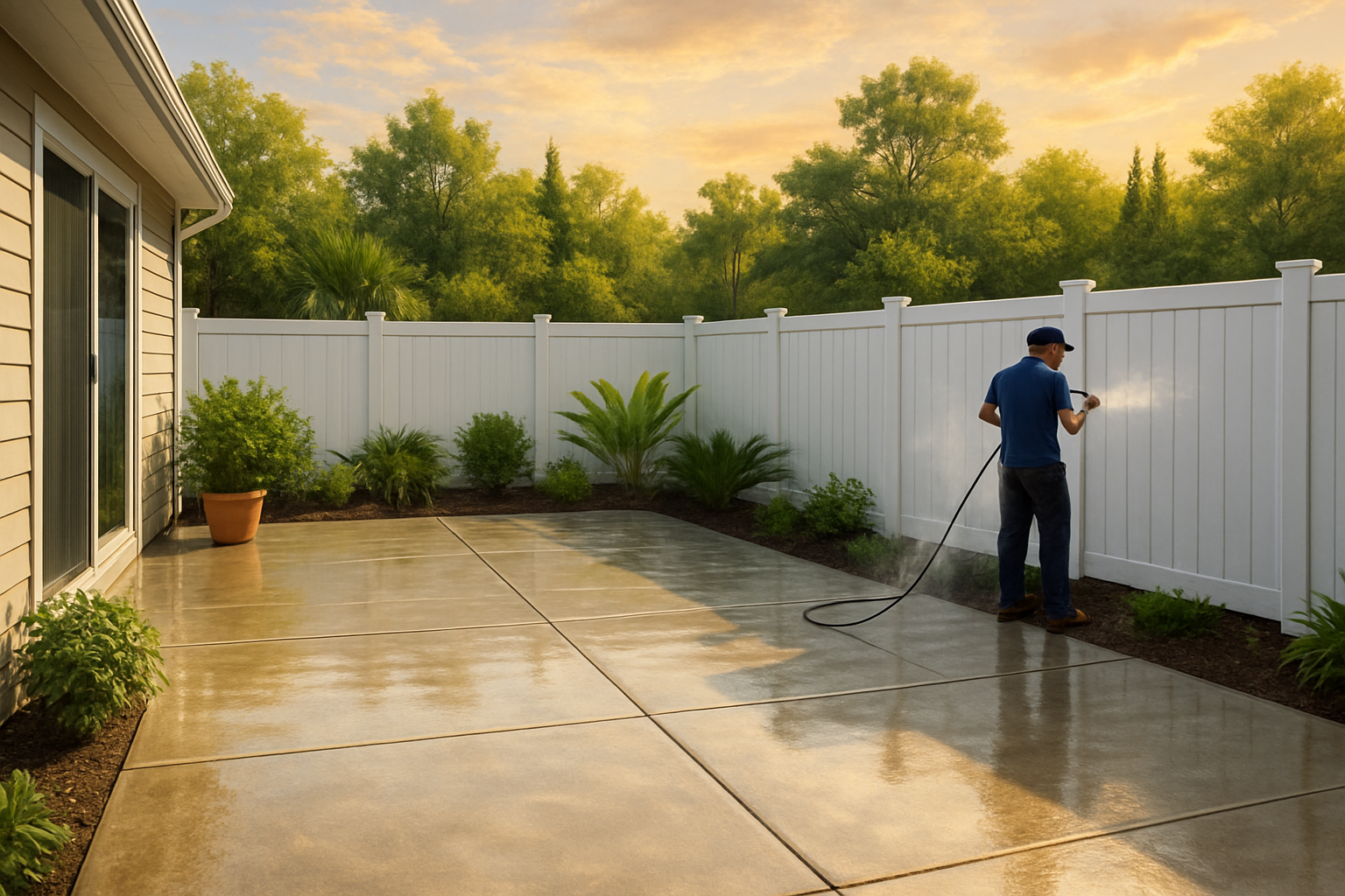 A clean and refreshed backyard patio and white vinyl fence in Freeport Florida after pressure washing, with wet concrete drying in the sun, lush greenery, and a warm early fall Gulf Coast sky