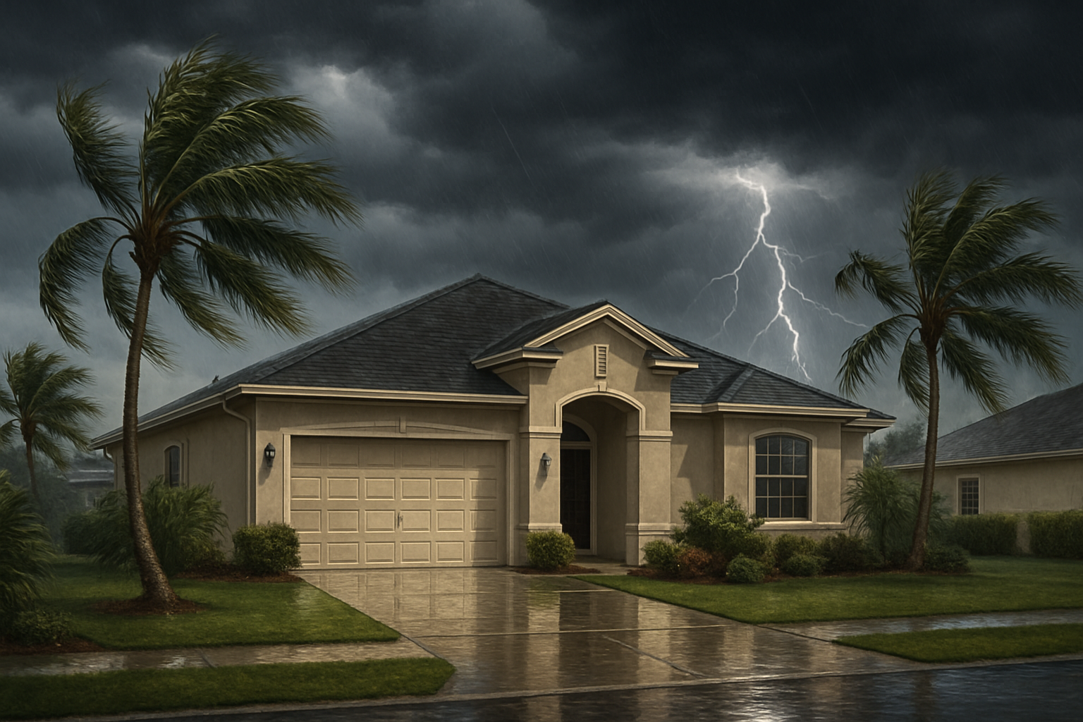 A Tampa Florida suburban home during an August afternoon thunderstorm, dark storm clouds overhead, lightning visible in the distance, wet driveway and palm trees blowing in humid summer wind