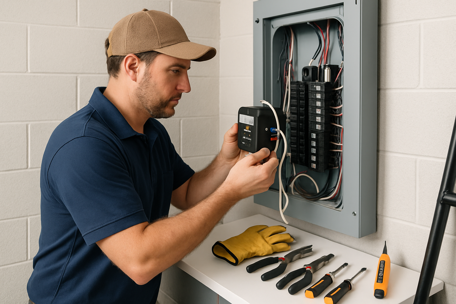 Licensed electrician installing a whole-home surge protection device inside a residential electrical panel in a clean Tampa garage, tools neatly arranged, safety gloves and voltage tester visible