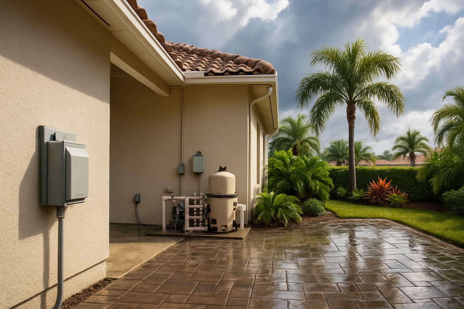 Exterior of a Florida home after a summer rainstorm with a covered outdoor GFCI outlet, pool equipment area, wet patio pavers, tropical landscaping, and clearing storm clouds in the background