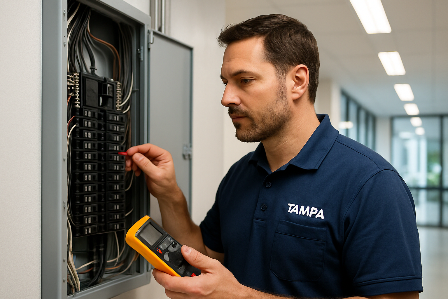 A commercial electrician in a branded work shirt inspecting an electrical panel inside a Tampa business, with organized breakers, testing equipment, and bright professional lighting, showing a clean and safe commercial maintenance environment