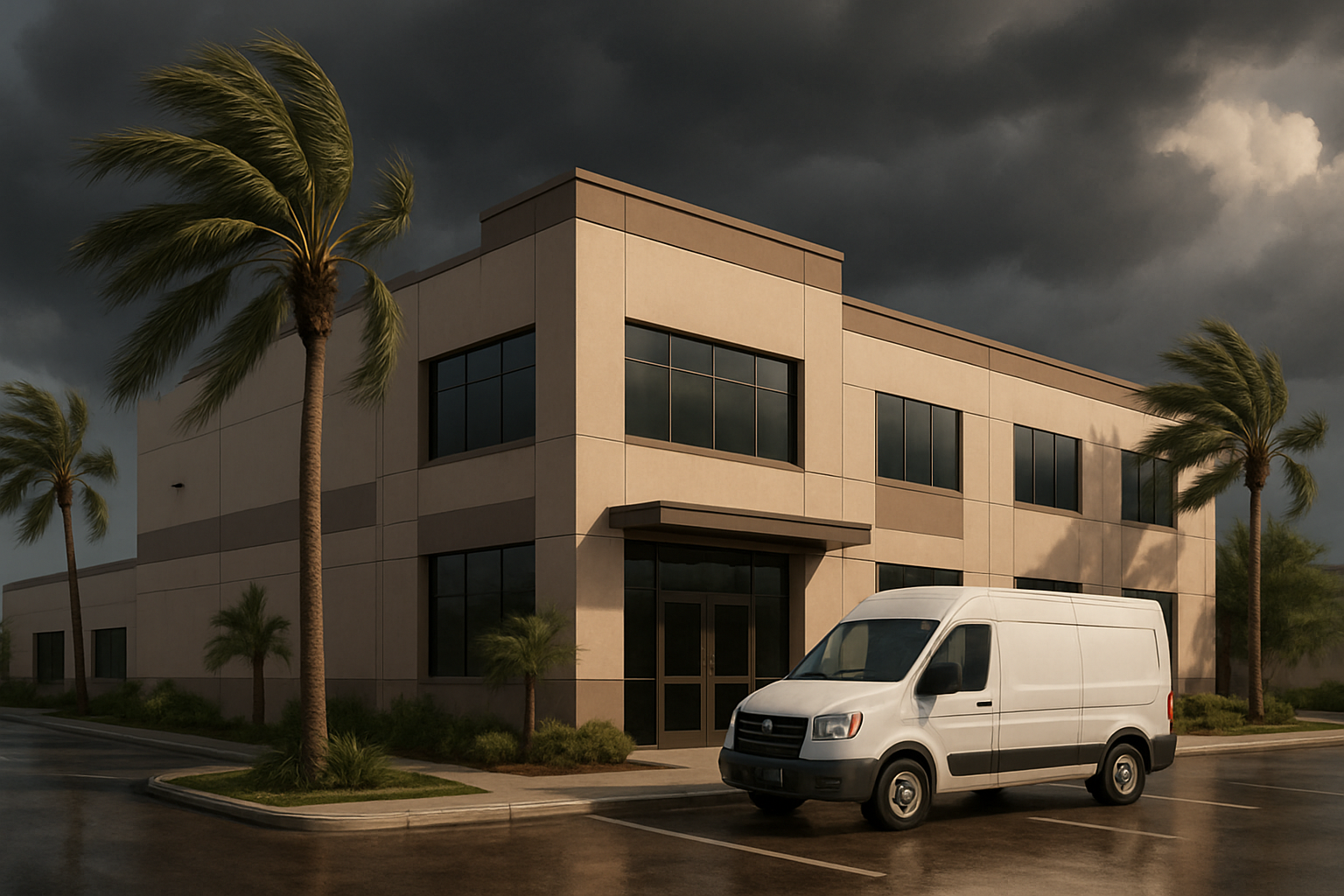 A Tampa commercial building exterior on a humid August afternoon with dark storm clouds in the distance, palm trees moving in the wind, and a service van parked near the entrance to represent storm-season electrical readiness