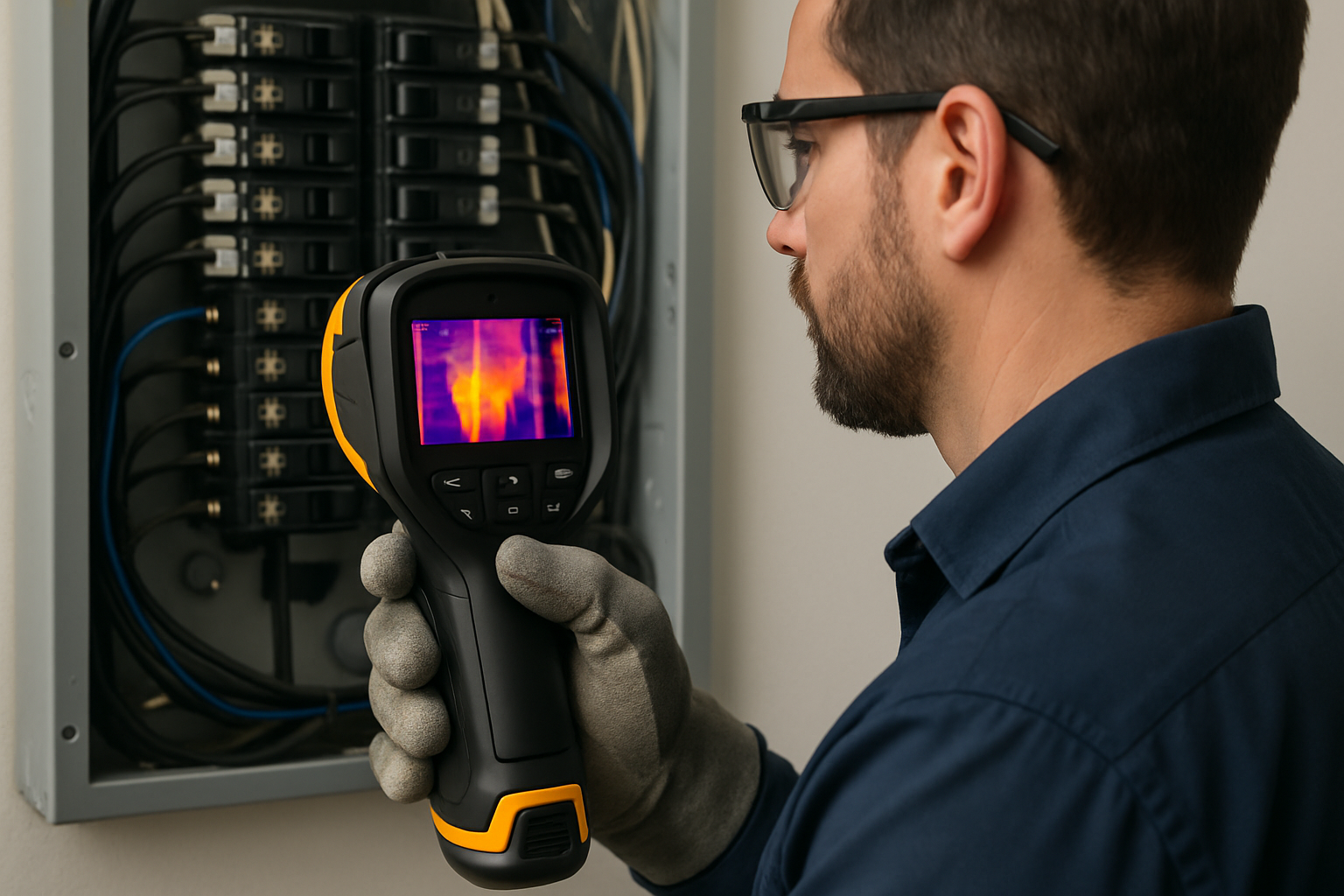 Close-up of a licensed commercial electrician using a thermal imaging camera to scan an electrical panel, with the camera screen showing heat patterns and the electrician wearing safety gloves and protective gear