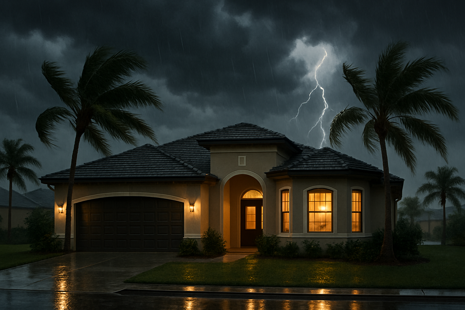A realistic Tampa, Florida suburban home during an August afternoon thunderstorm, dark storm clouds overhead, palm trees bending slightly in wind, wet driveway reflecting lightning in the distance, warm lights glowing from inside the house