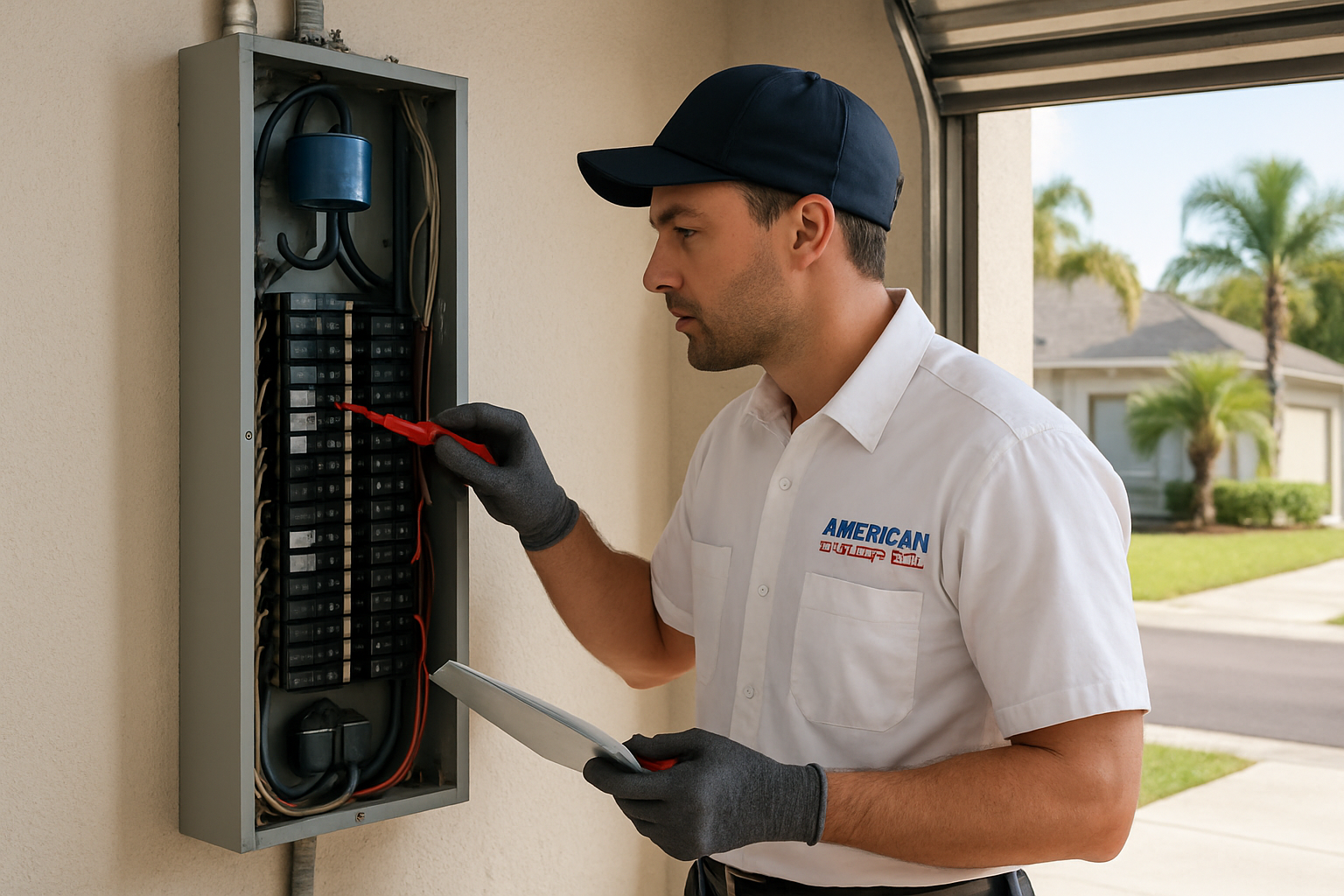 A licensed electrician in a clean American Electrical Services uniform inspecting a residential electrical panel inside a Tampa garage, with labeled breakers, surge protection equipment, insulated tools, and natural daylight coming through an open garage door