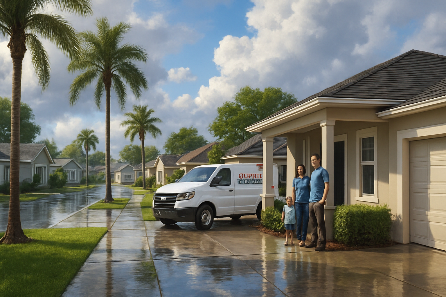 A bright, realistic Tampa neighborhood after a summer storm, wet sidewalks, palm trees, blue sky breaking through clouds, a family standing near their front porch while an American Electrical Services service van is parked in the driveway