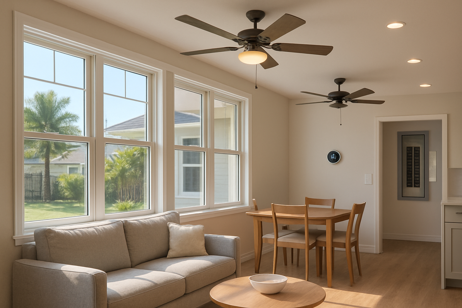 A bright modern Tampa home interior in August with sunlight through hurricane-rated windows, ceiling fans running, recessed LED lighting, a smart thermostat on the wall, and a clean organized electrical panel visible in the background