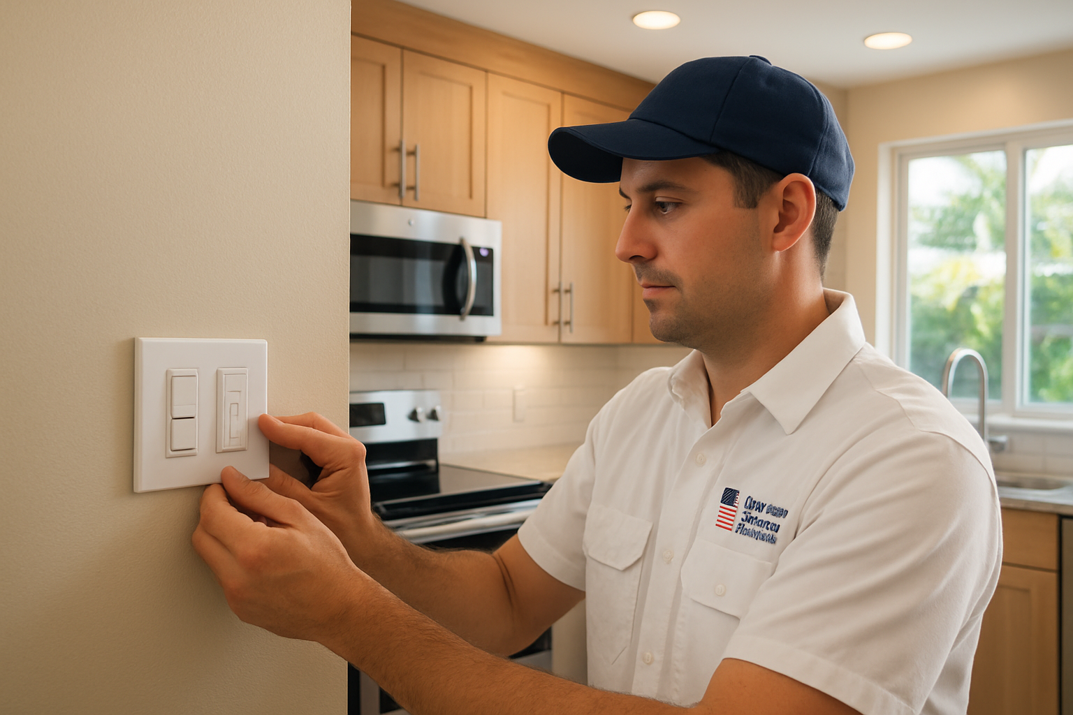 A professional electrician in a clean American Electrical Services uniform installing smart switches and dimmable LED lighting controls in a Tampa kitchen, with modern appliances and bright natural Florida daylight