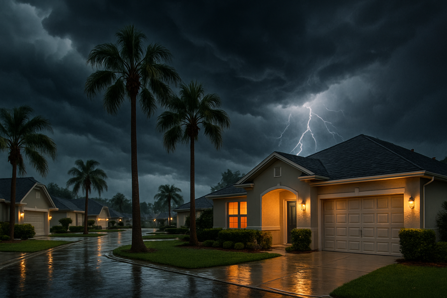 A realistic Tampa Florida neighborhood in September during an approaching afternoon thunderstorm, dark storm clouds over palm trees, wet driveway, a suburban home with exterior lights on, and distant lightning in the sky