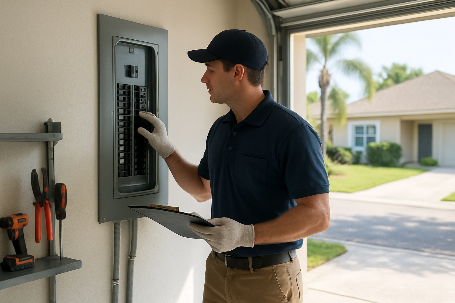 A professional electrician in a clean uniform inspecting a residential electrical panel inside a Tampa home garage, with organized breakers, tools nearby, and soft natural daylight coming through the open garage door