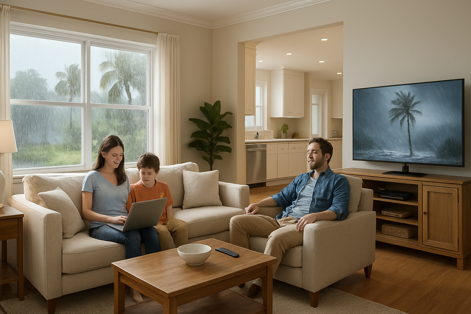 A bright clean Tampa home interior after a storm with a family using a laptop and watching television comfortably, subtle view of rain outside the window, emphasizing protected electronics and peace of mind