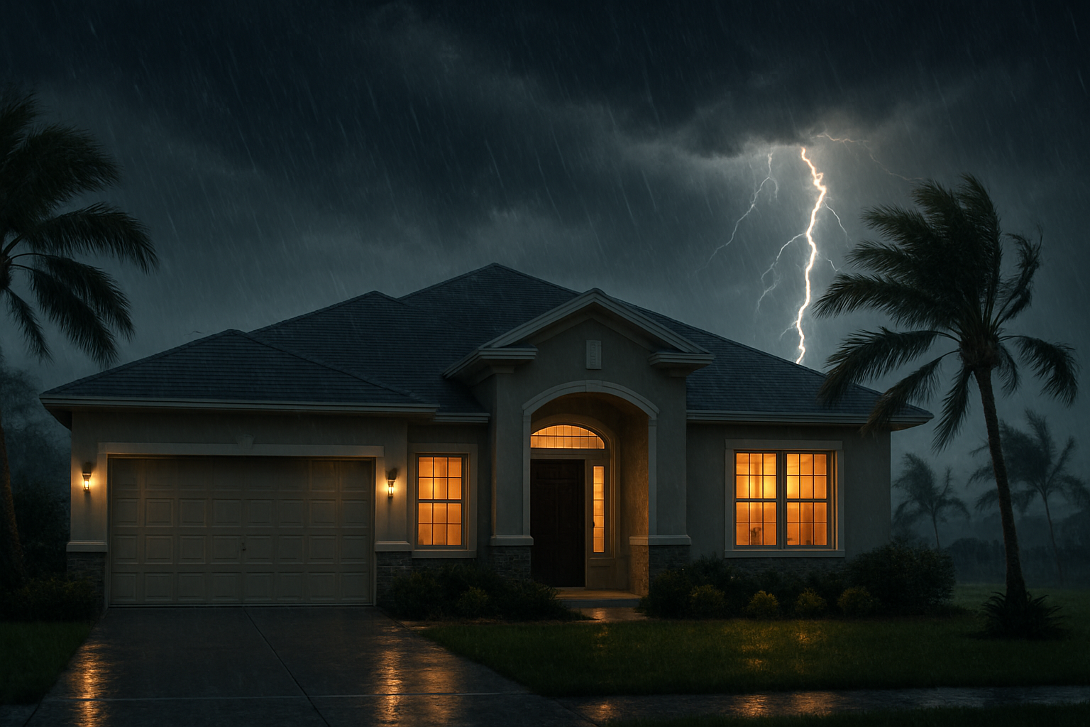 A realistic Tampa, Florida suburban home during a dark September afternoon thunderstorm, with heavy rain, palm trees blowing, lightning in the distance, and warm interior lights glowing through the windows