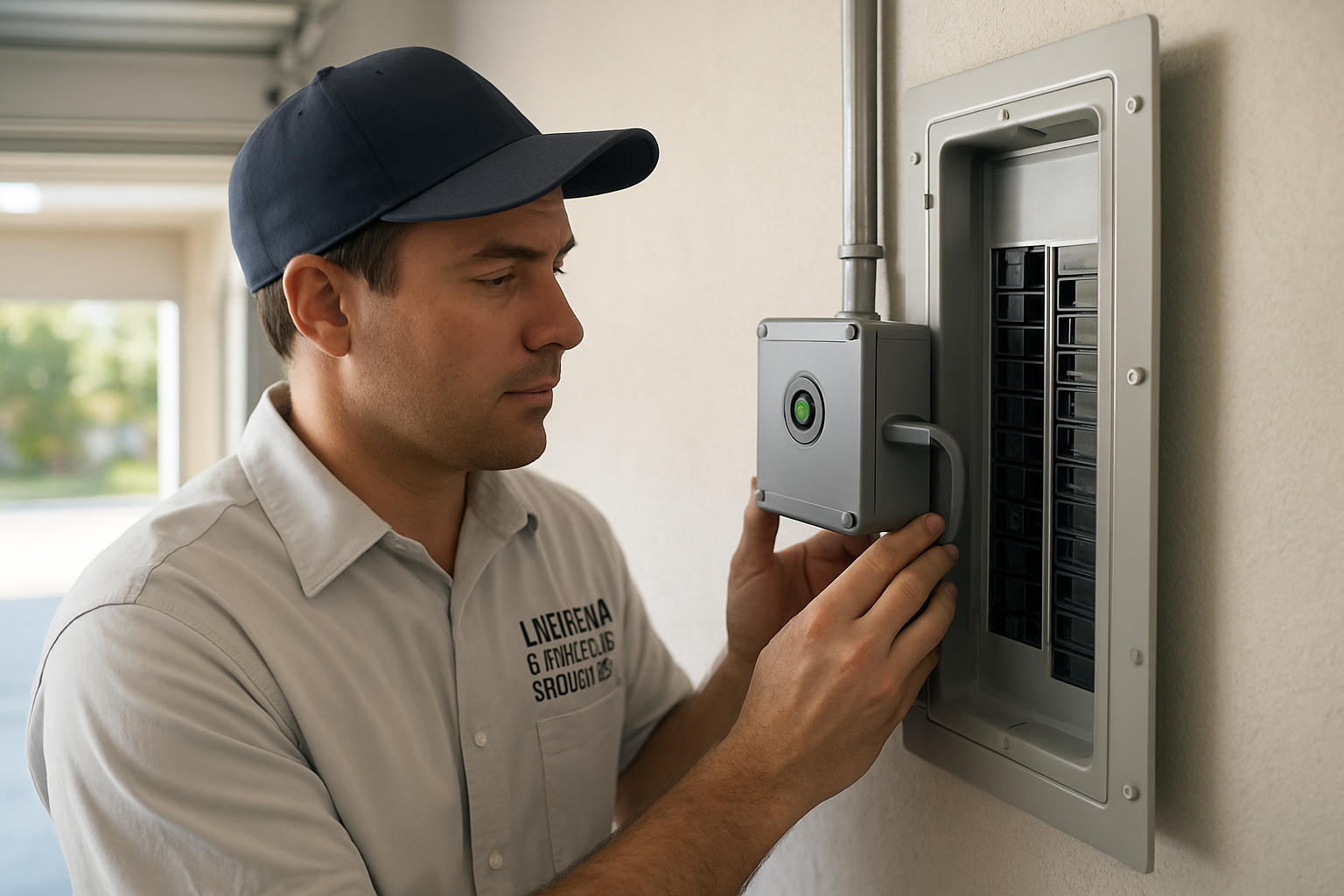 A licensed electrician in a clean American Electrical Services work shirt installing a whole-home surge protection device beside a modern residential electrical panel in a well-lit Tampa garage