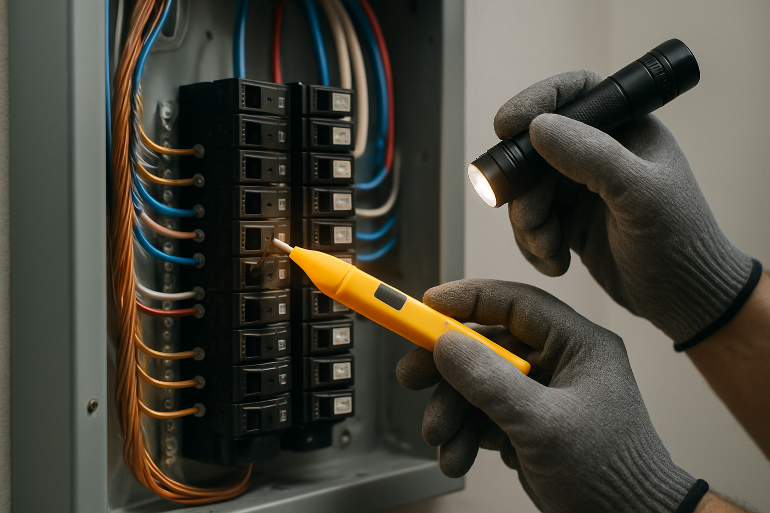 Close-up photographic scene of a residential electrical panel inspection, showing gloved hands using a voltage tester, neatly labeled breakers, copper grounding wire, and a flashlight illuminating clean wiring