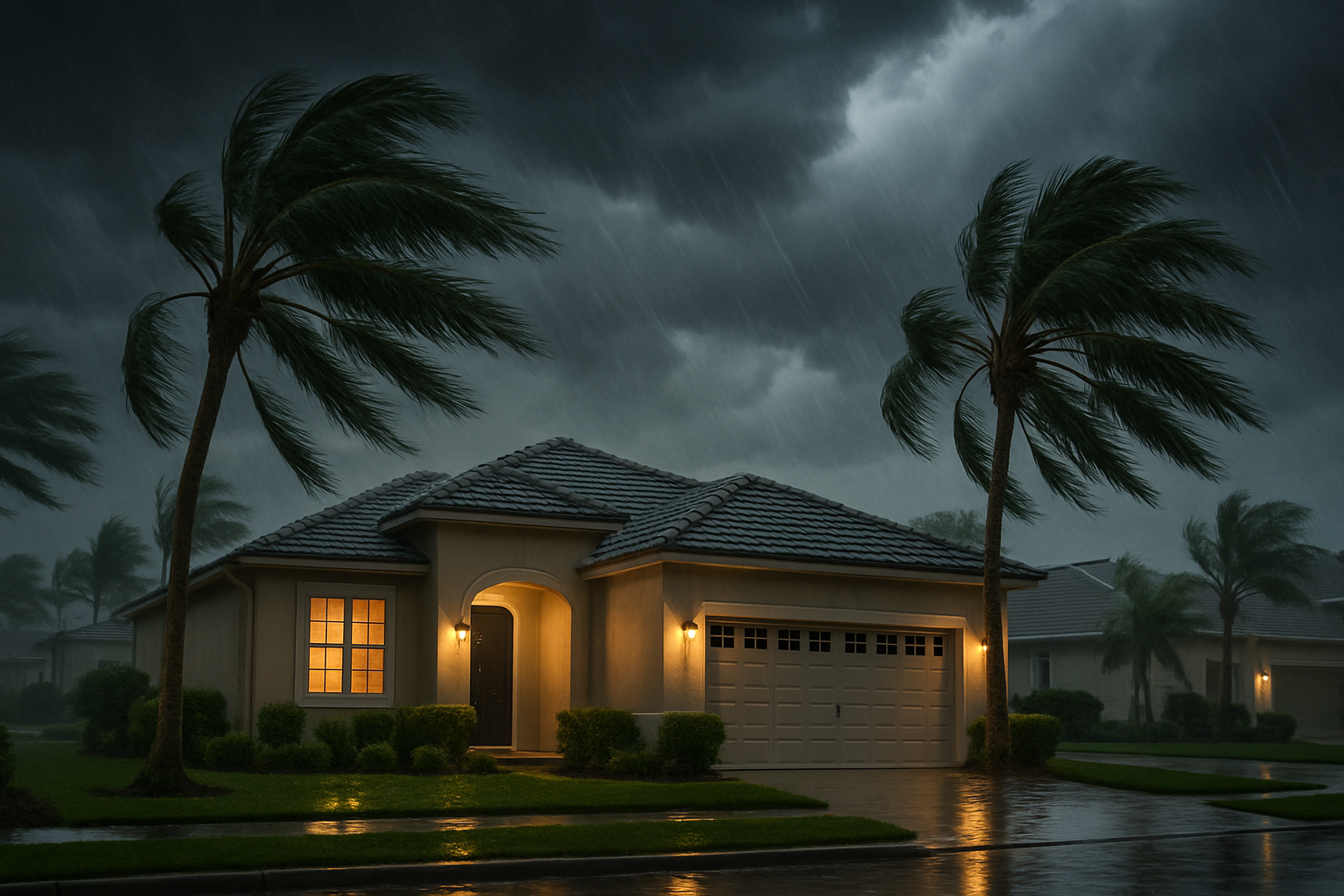 A Tampa, Florida residential neighborhood in September storm season with dark storm clouds, palm trees blowing in the wind, wet pavement, and a well-maintained home with exterior lights on during an approaching thunderstorm