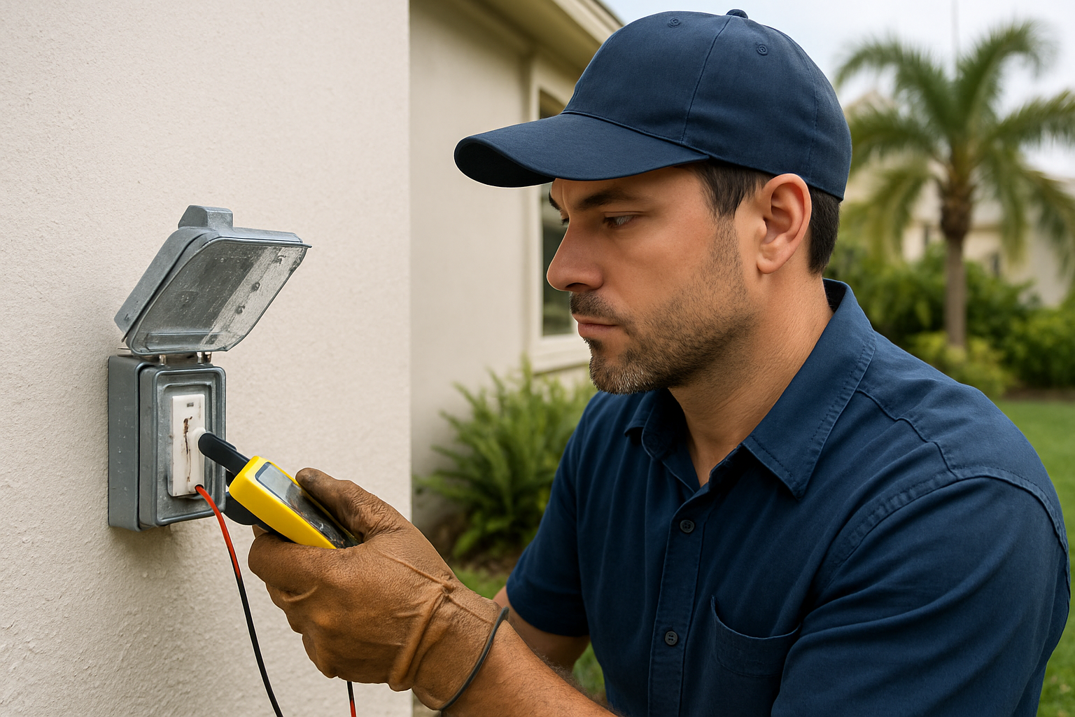 Close-up of a licensed electrician testing a weatherproof outdoor GFCI outlet on a Tampa home exterior wall after rain, with water droplets on the outlet cover, green lawn, and palm landscaping in the background