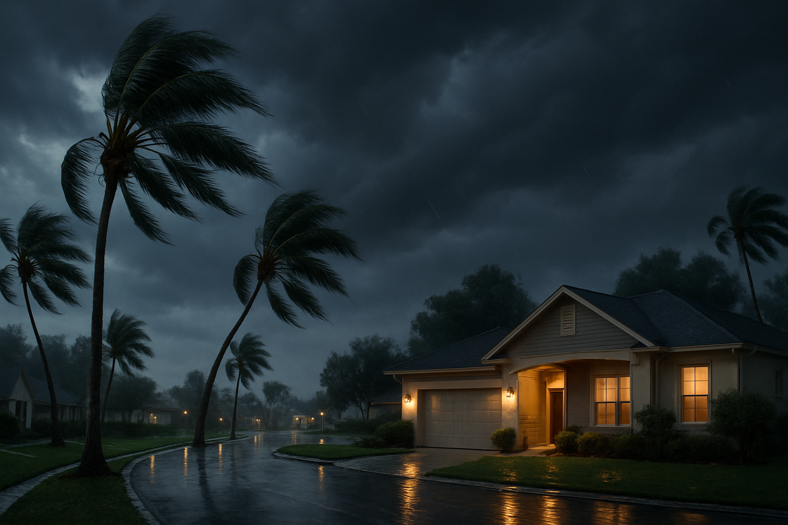 A Tampa, Florida residential street in September under dark storm clouds, with palm trees bending in the wind, wet pavement, and a single-family home with exterior lights on before an approaching thunderstorm