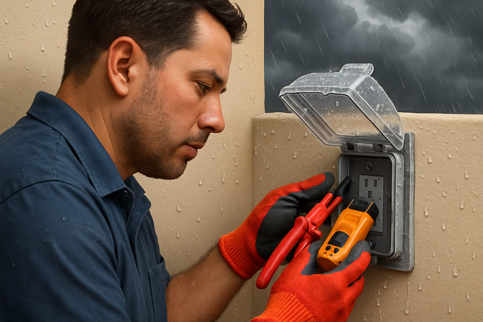 Close-up of a licensed electrician testing an outdoor GFCI outlet on a Tampa home, with a weatherproof cover, rain droplets on the wall, insulated tools, and storm clouds in the background