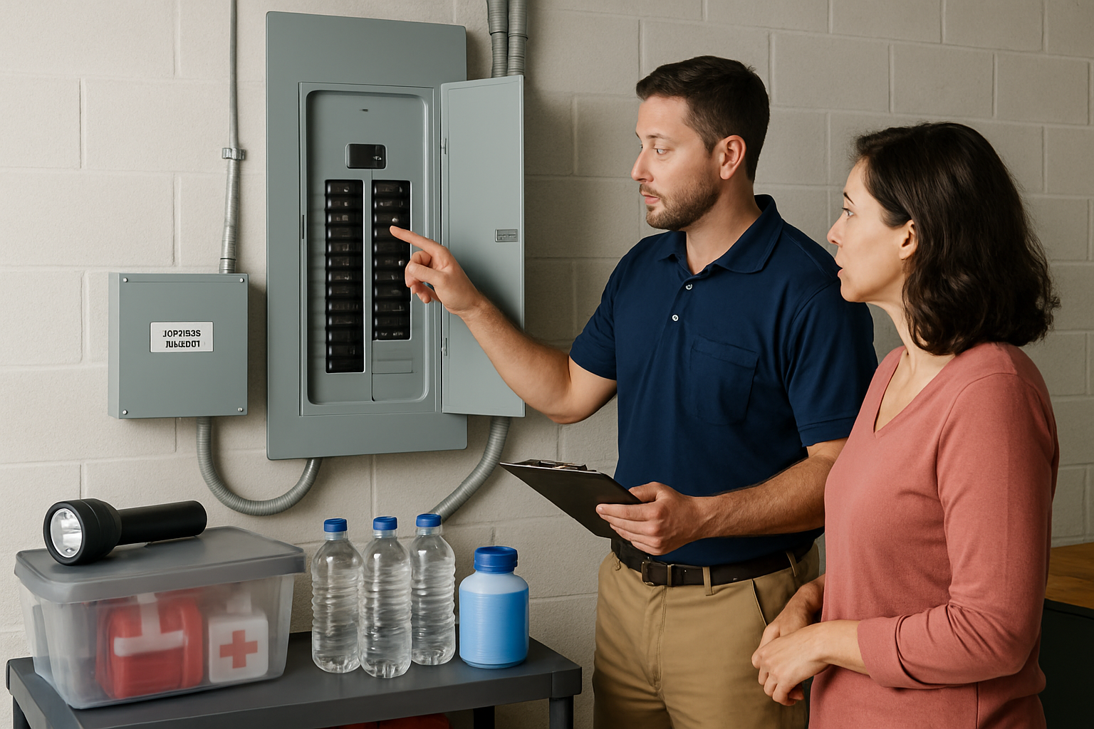 A clean residential electrical panel in a Tampa garage with a labeled generator transfer switch beside it, flashlight and storm preparedness supplies nearby, and a licensed electrician reviewing the setup with a homeowner