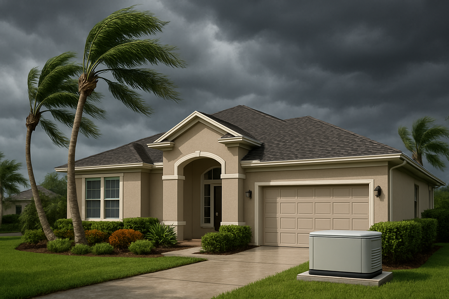 A realistic Tampa, Florida residential home in early September with cloudy storm skies, palm trees bending slightly in humid wind, and a standby generator installed neatly on a concrete pad beside the house