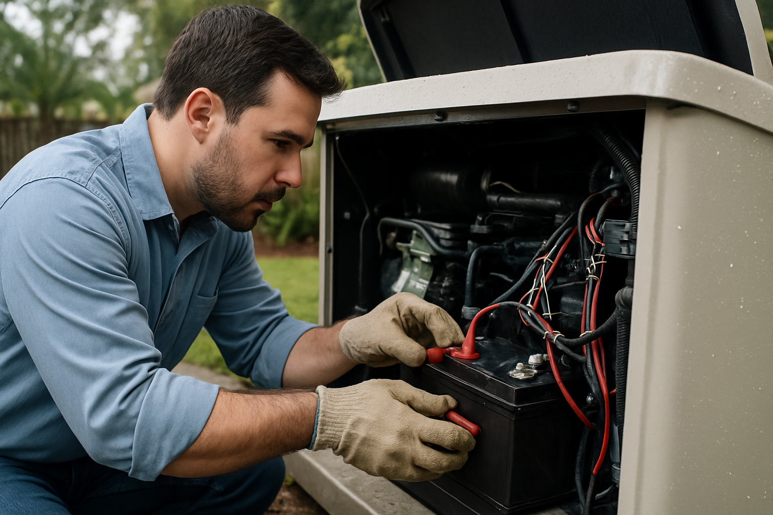 Close-up of a licensed electrician in work gloves inspecting the battery and wiring connections inside an open residential standby generator cabinet in a Tampa backyard after light rain