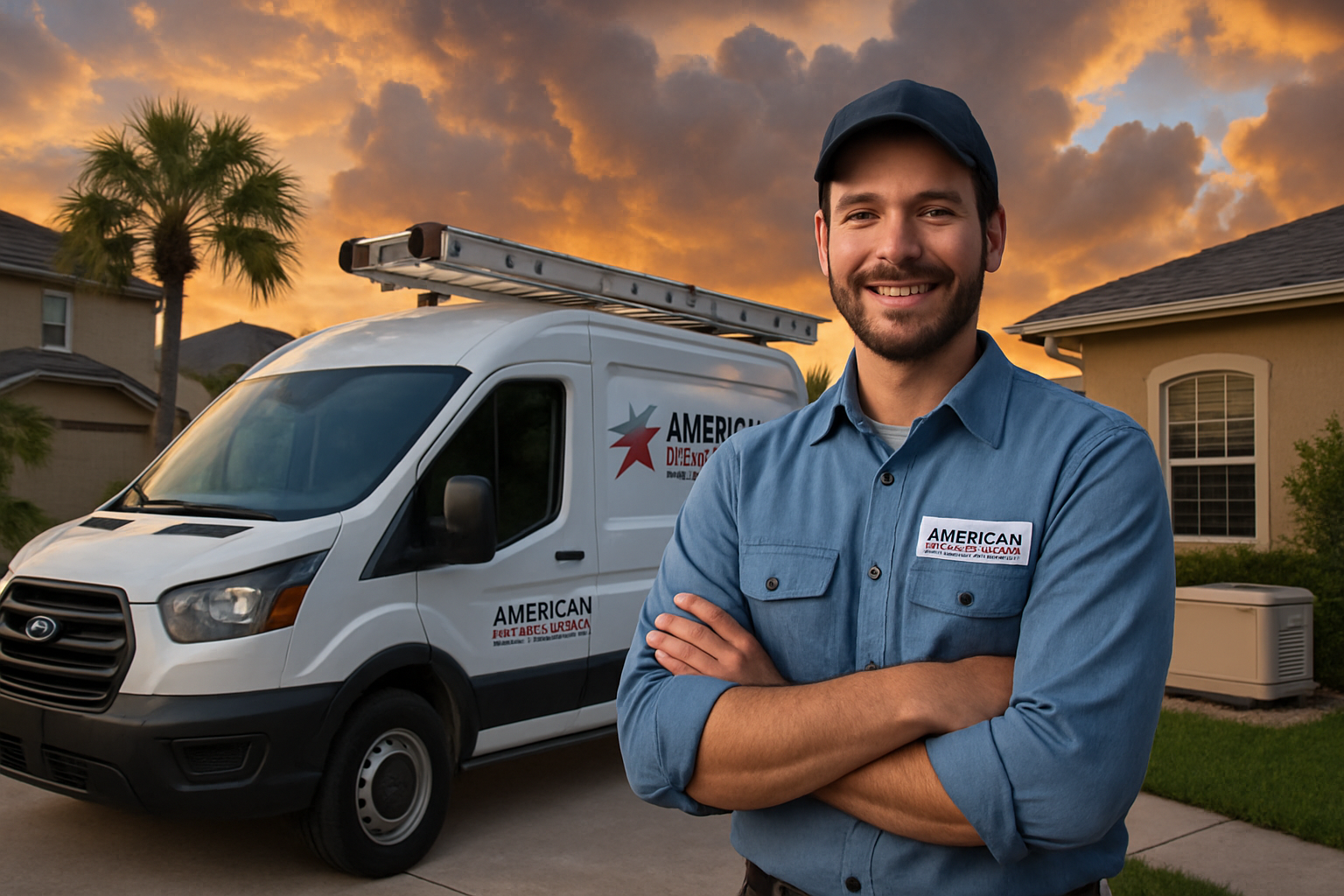 Friendly American Electrical Services electrician standing beside a service vehicle in a Tampa neighborhood at sunset, with a well-maintained standby generator visible near a home and dramatic post-storm clouds in the sky