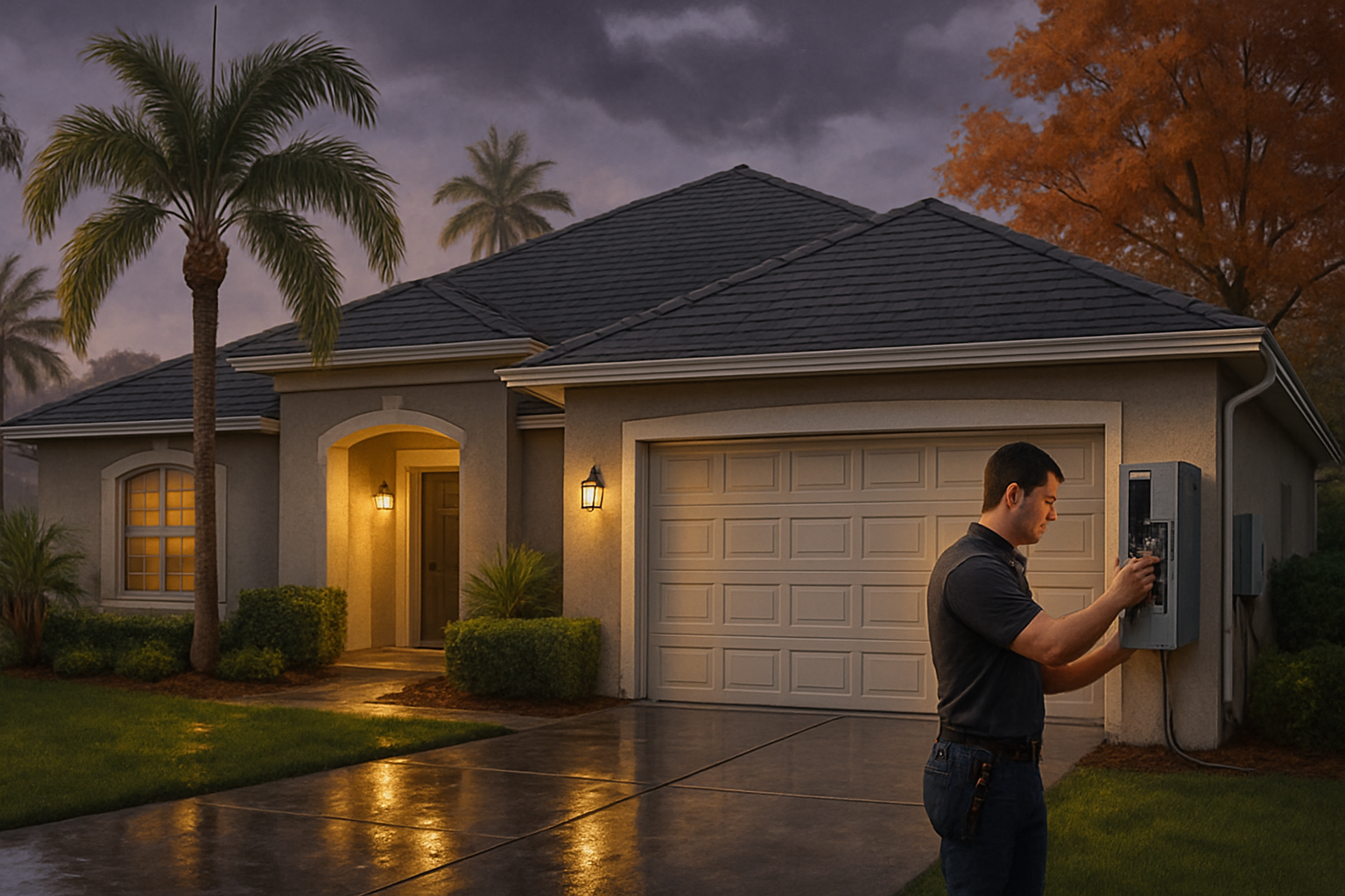 A Tampa, Florida residential home in October with palm trees, damp driveway after a passing thunderstorm, outdoor porch lights glowing, and an electrician inspecting an exterior electrical panel near the garage