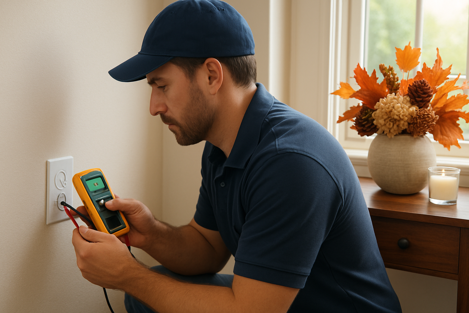 Close-up of a residential electrician testing a wall outlet inside a Tampa home, with a digital voltage tester, fall decor on a nearby table, and soft natural light coming through a window
