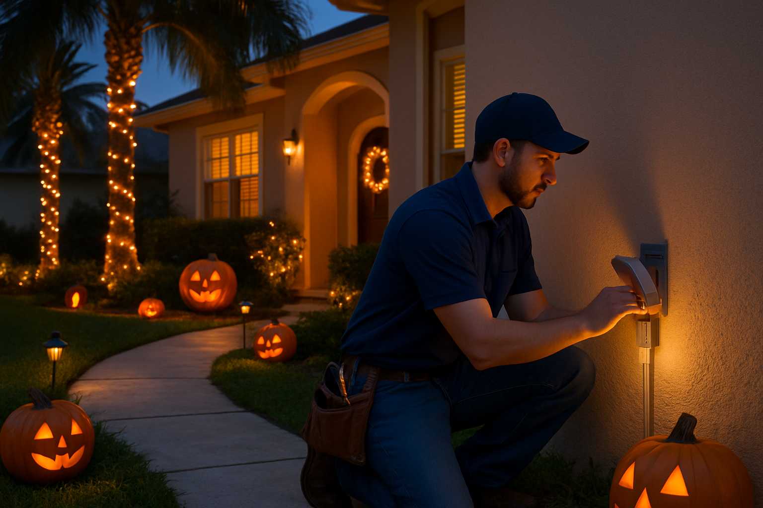 Evening scene of a Tampa front yard decorated for Halloween with tasteful outdoor lights, pumpkins, palm trees, and a professional electrician checking a weatherproof exterior outlet cover