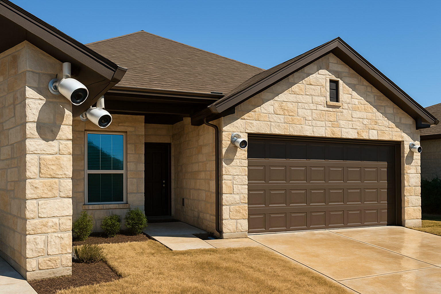 A modern Round Rock Texas home in bright August sunlight with professionally installed outdoor security cameras under shaded eaves, a clear blue sky, dry lawn edges, limestone exterior, and a driveway reflecting summer heat
