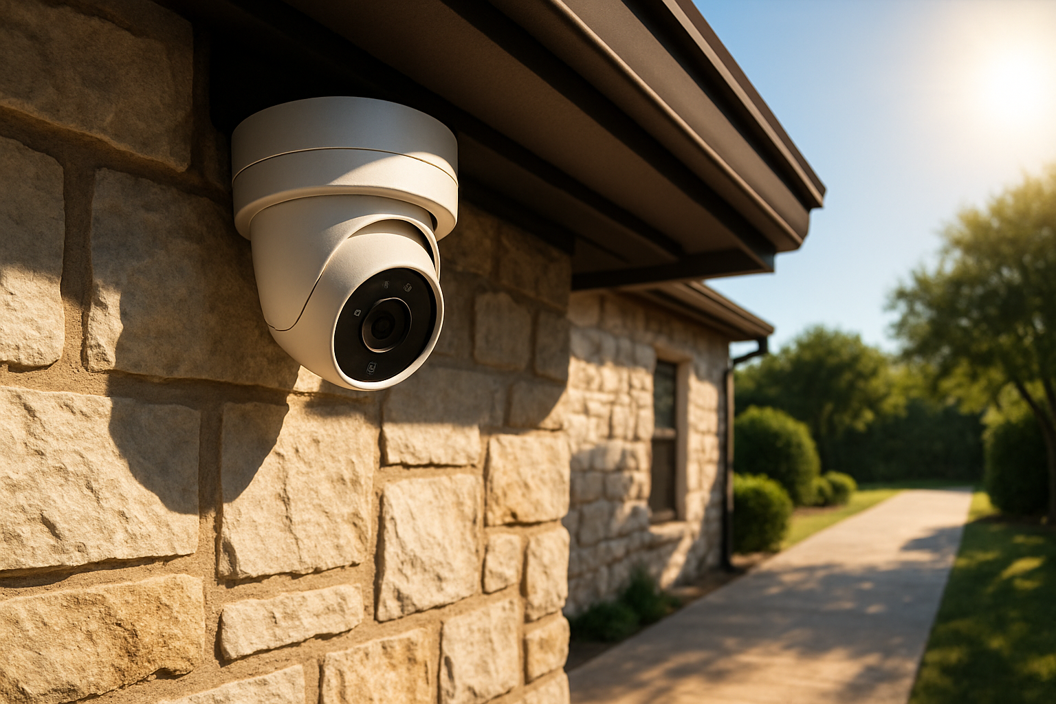 Close-up of an outdoor security camera mounted under a shaded roof eave on a Texas limestone home, with intense afternoon sun hitting the driveway but the camera protected from direct glare