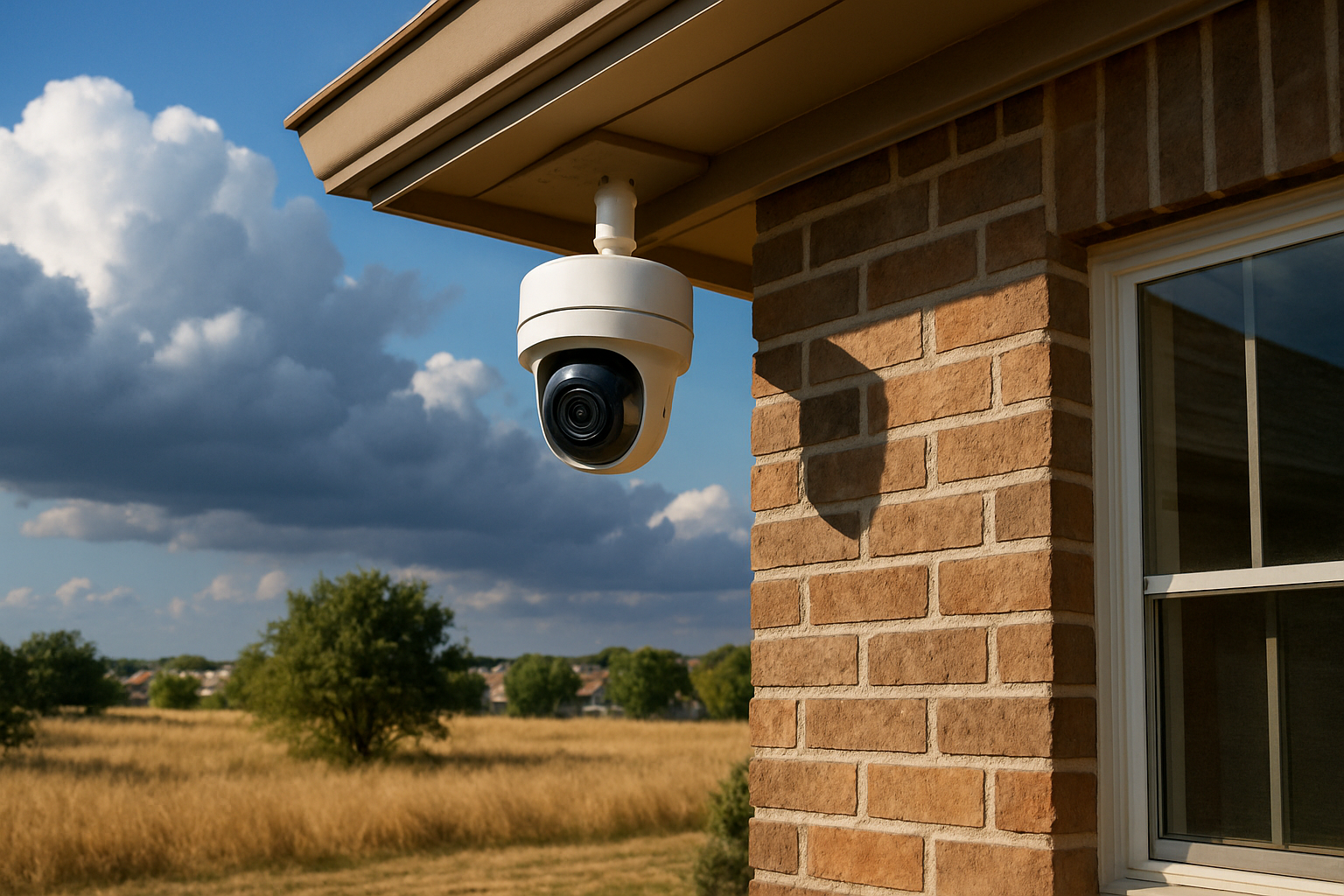 A residential security camera mounted under a shaded roof eave on a brick home in Round Rock, Texas, with bright August sunlight, dry grass, and storm clouds building in the distance