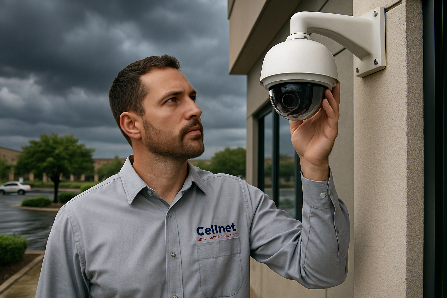 A Cellnet Wireless & Satellite technician in a work shirt inspecting an outdoor commercial security camera mounted on a building, with dark storm clouds, wet pavement, and a Round Rock business parking lot in the background
